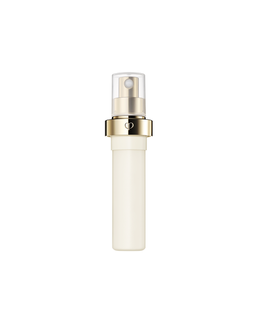 Photo of a refill bottle of "BRIGHTENING SERUM SUPREME", featuring a simple pump design with a gold accent and a clear cap. SIZE: 40ml (refill)
