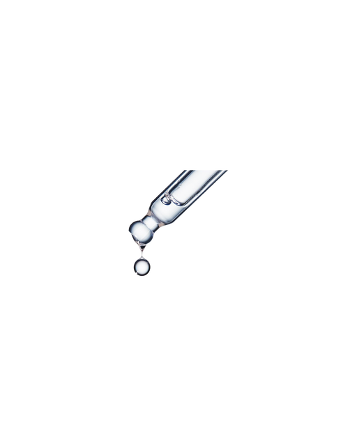 Photo of a drop of clear oil falling from a glass dropper.