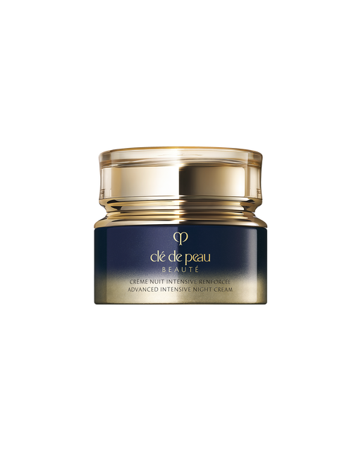 Photo of a ADVANCED INTENSIVE NIGHT CREAM jar with a rounded,translucent gold lid and a gradient design from dark blue to gold.SIZE:125mL