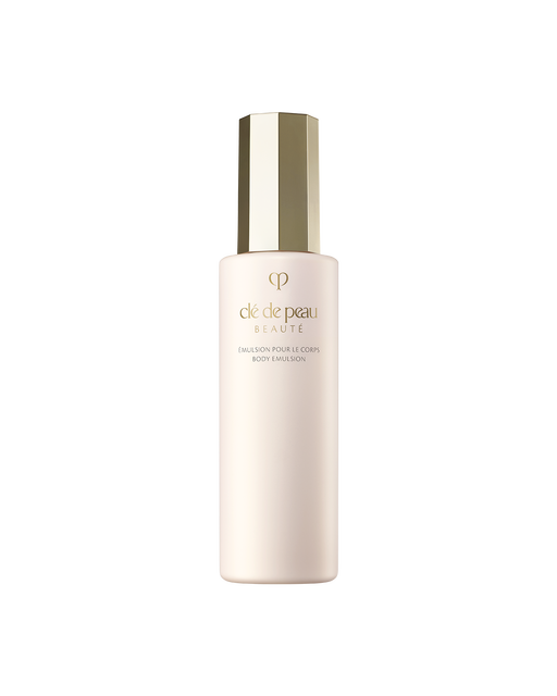 Photo of a pale pink bottle of "BODY EMULSION", featuring a distinctive faceted gold cap. SIZE: 200ml