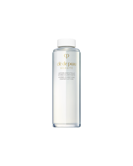 Photo of refill bottle of HYDRO-CLARIFYING ESSENCE LOTION in a clear glass bottle with a simple white cap indicating it is a refill. SIZE: 170mL Refill.