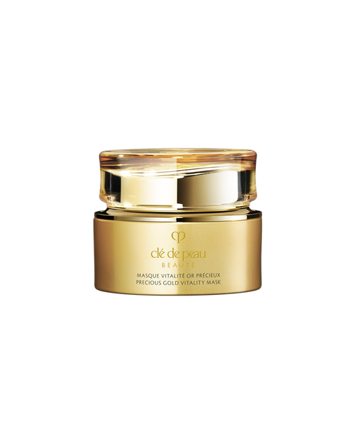 Photo of "PRECIOUS GOLD VITALITY MASK", a luxurious gold jar paired with a translucent gold lid. SIZE:75ml