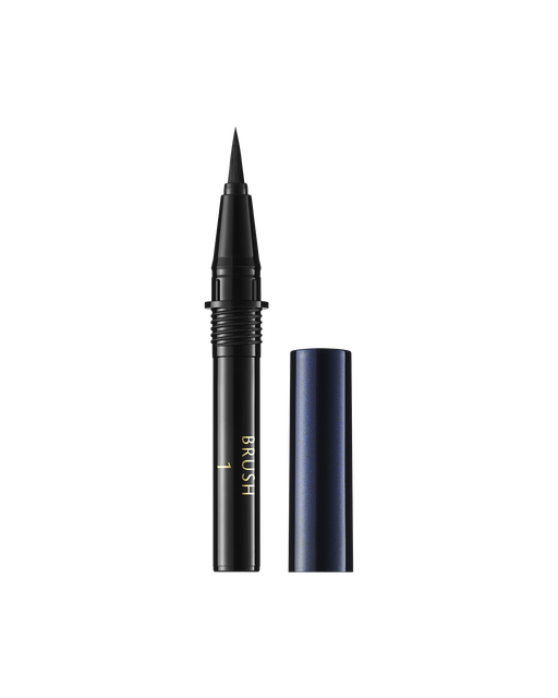 Photo of the cap of the "INTENSIFYING LIQUID EYELINER BRUSH (refill)" being removed to reveal the brush tip. The cap is placed beside it. Shade: 1-Black.