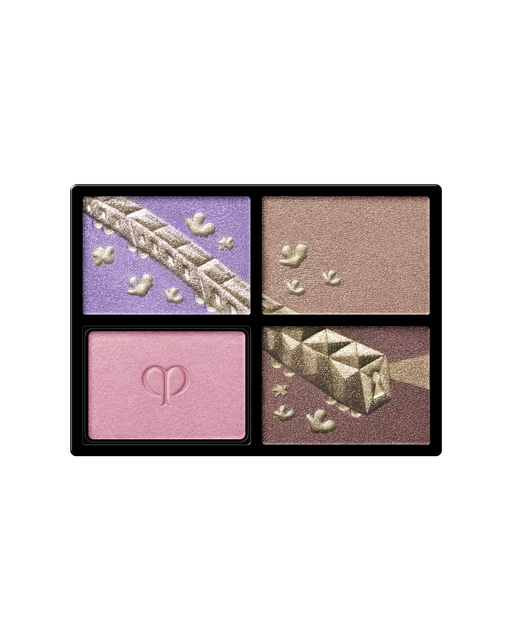 Photo of the limited-edition EYE COLOR QUAD refill. The upper left and lower right shades are embossed with a gold train and motif, while the lower left shade features the brand logo. Shade: Pastel Tea Safari.