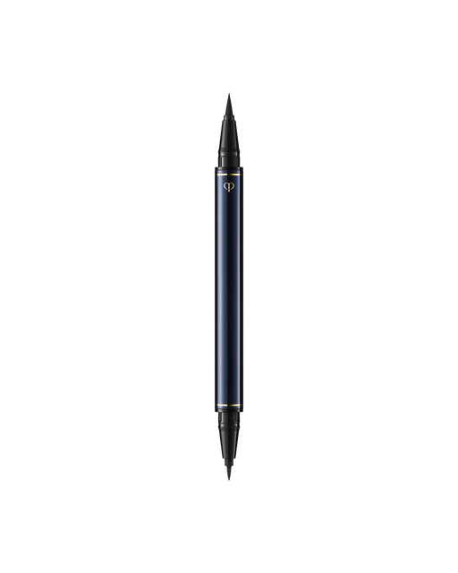 Photo of "INTENSIFYING LIQUID EYELINER". The slim blue-black body is engraved with the gold brand logo, and is designed with a brush at one end and a finer tip at the other. Shade: 1-Black.