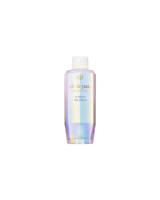 Photo of a refill bottle of THE SERUM, featuring an iridescent, aurora-inspired design. SIZE : 75ml (refill)
