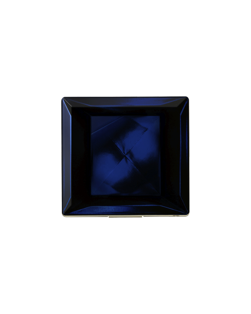 Photo of an exclusive case for "POWDER BLUSH DUO" with the lid closed. The lid has a glossy blue-black finish with a three-dimensional design.