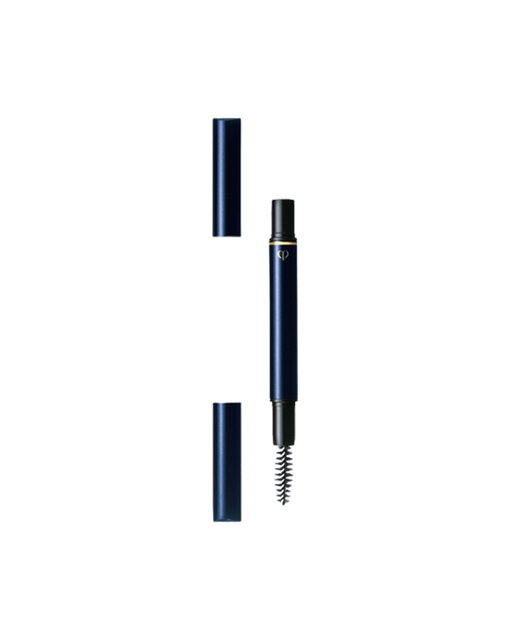 Photo of the "EYEBROW PENCIL (HOLDER)" with the caps removed and laid out. The holder features a blue-black body accented with gold trim.