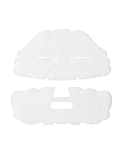 Photo of "BRIGHTENING MASK TREATMENT SUPREME," a two-piece white sheet mask designed to gently wrap and care for the skin.