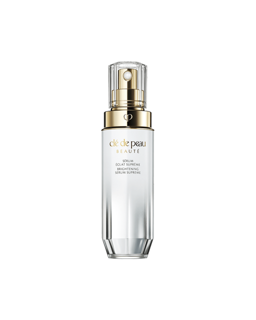 Photo of "BRIGHTENING SERUM SUPREME," a brightening serum in a faceted bottle with a pearl-white to silver gradient, gold dispenser, and clear cap. SIZE:40mL