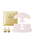 Photo of the "ILLUMINATING CONCENTRATE" set. Gold pouches labeled "1" and "2" are arranged alongside a pink sheet mask featuring the brand logo.