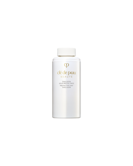 Photo of refill bottle of PROTECTIVE DAY EMULSION in a white glossy bottle with a simple white cap indicating it is a refill. SIZE: 125mL Refill.