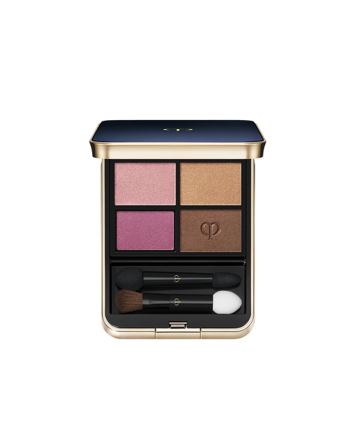 Photo of "EYE COLOR QUAD (REFILL)" set in a square case with a blue-black top and gold brand logo. Includes tip and brush. Shade: 13-Sunwarmed Stones.
