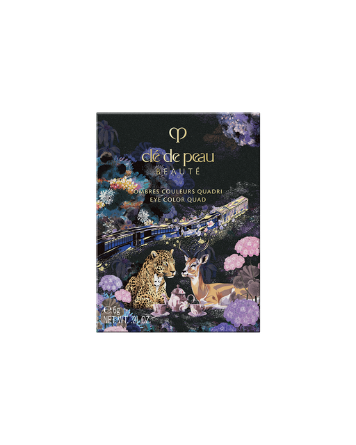 Photo of the outer box of the limited-edition EYE COLOR QUAD decorated with a train, animals, and colorful floral motifs, with a gold train running across the design. Shade: Pastel Tea Safari.
