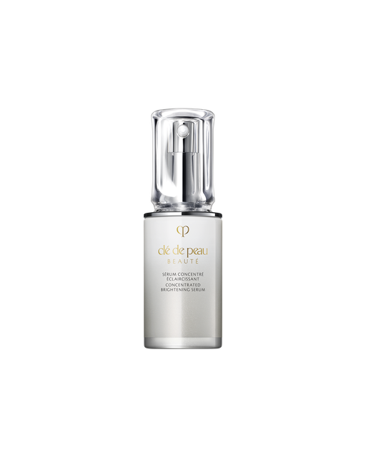 Photo of "CONCENTRATED BRIGHTENING SERUM," a serum in a silver-gradient pump bottle with a clear cap. SIZE: 40mL