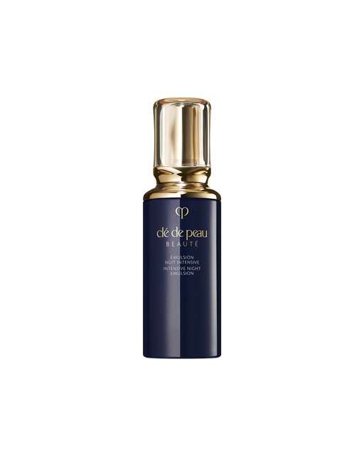 Photo of a blue-black bottle of INTENSIVE NIGHT EMULSION with a translucent, rounded gold cap.SIZE：125mL