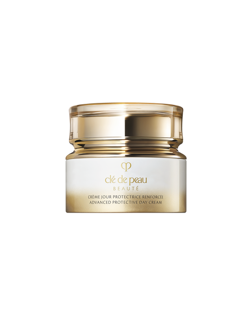 Photo of a ADVANCED PROTECTIVE DAY CREAM jar with a rounded, translucent gold lid. The jar has a gradient design from white at the top to gold at the bottom.　SIZE:125mL