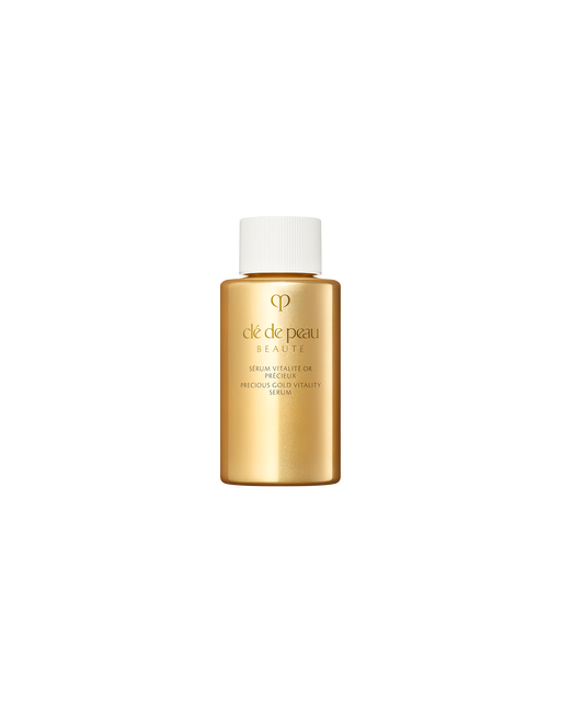 Photo of the refill for "PRECIOUS GOLD VITALITY SERUM". The glossy gold bottle is paired with a simple white cap indicating it is a refill. SIZE: 40mL.