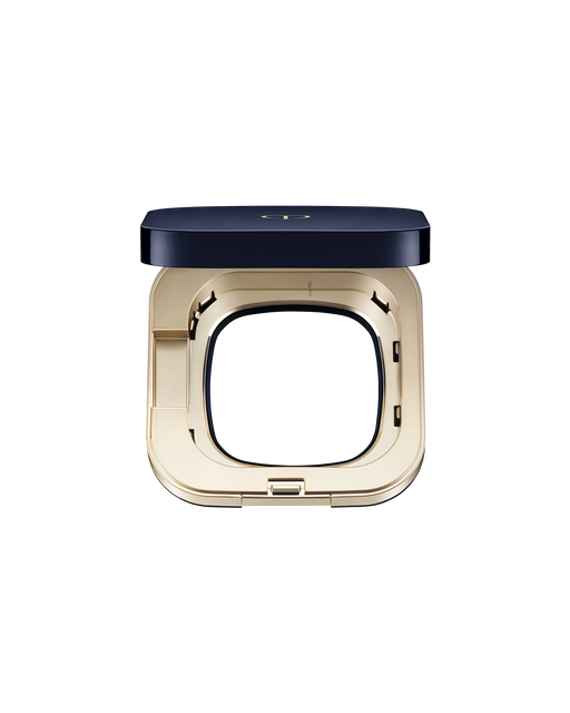 Photo of an exclusive case for "RADIANT CUSHION FOUNDATION DEWY" with the lid open, showing an interior space designed to hold a refill.