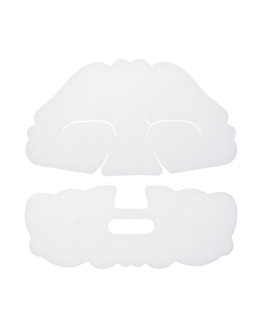 Photo of "INTENSIVE BRIGHTENING MASK" — a white, two-piece sheet mask designed to gently wrap and fit the contours of the face.