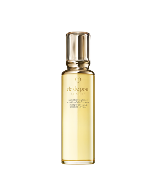 Photo of HYDRO-SOFTENING ESSENCE LOTION in a glass bottle with a rounded, translucent gold cap and the brand logo in gold.SIZE：170mL
