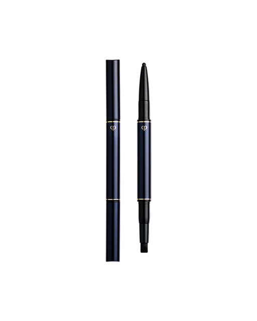 Photo of an "EYELINER PENCIL (CARTRIDGE)" with the cartridge installed. The blue-black body features a gold-engraved brand logo, with a pencil on one end and a special eyeliner tip on the other.