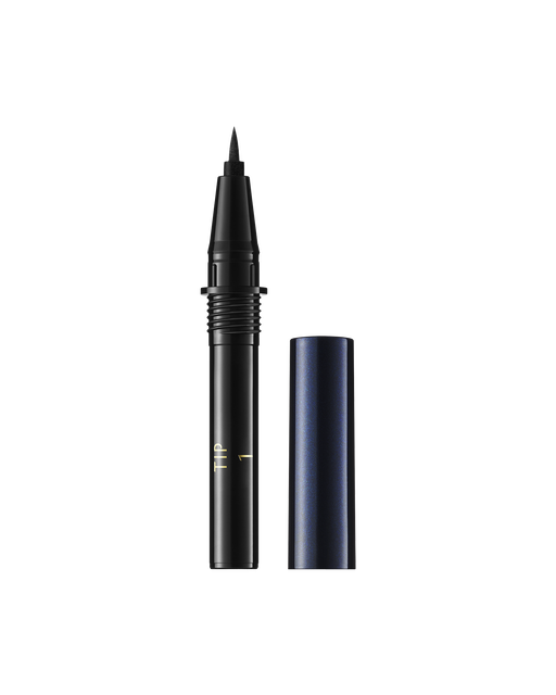 Photo of the cap of the "INTENSIFYING LIQUID EYELINER TIP (refill)" being removed to reveal a fine tip. The cap is placed beside it. Shade: 1-Black.