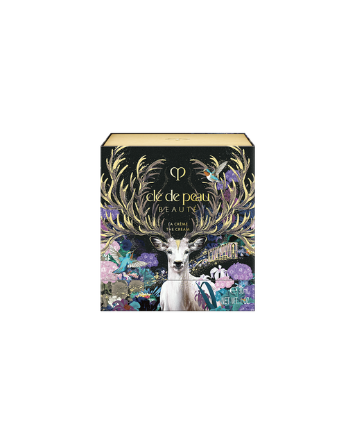 Photo of the special outer box for the limited-edition LA CRÈME, featuring a colorful design with a deer, flowers, and botanical elements.