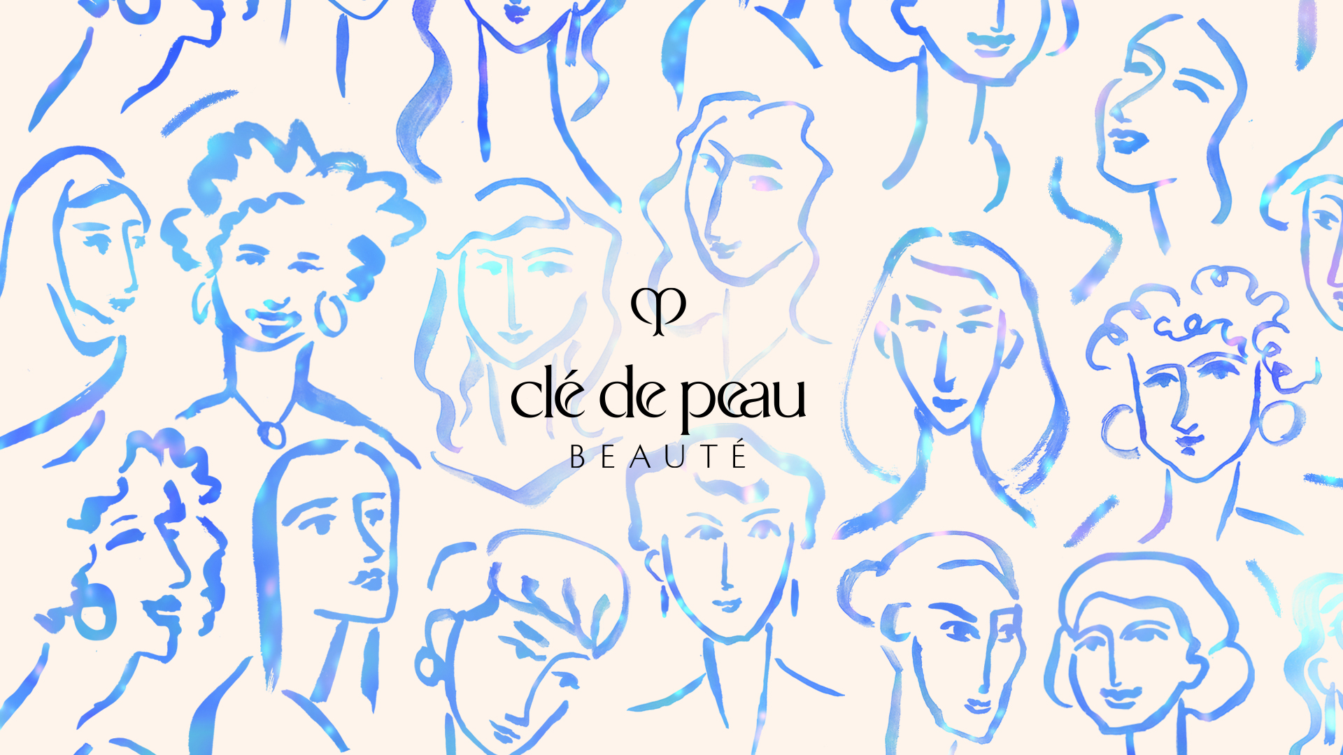 Wallpaper of a hand-drawn sketch of a person in the background, with the Clé de Peau Beauté logo at the center.