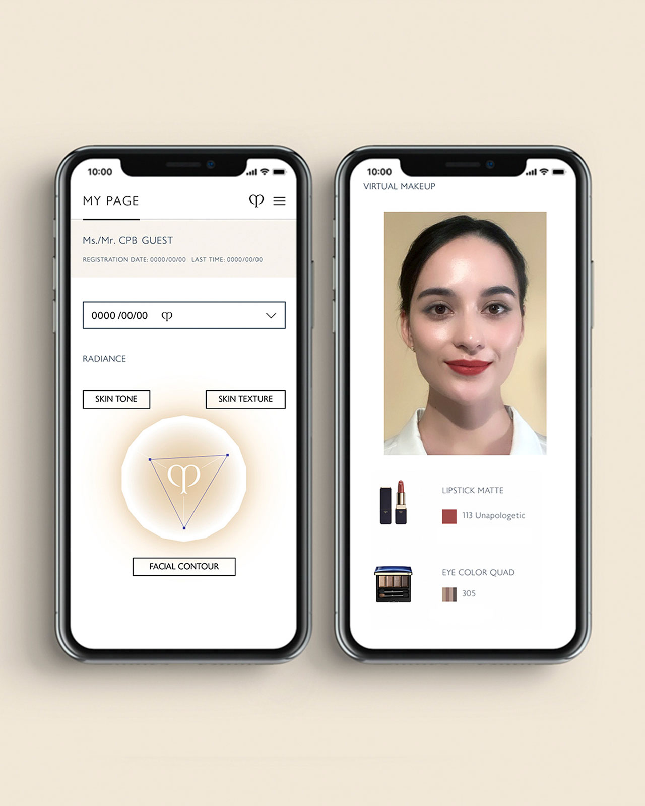 Photo of two smartphone screens displaying a user’s personal page and virtual makeup results, including skin analysis metrics and recommended makeup items.