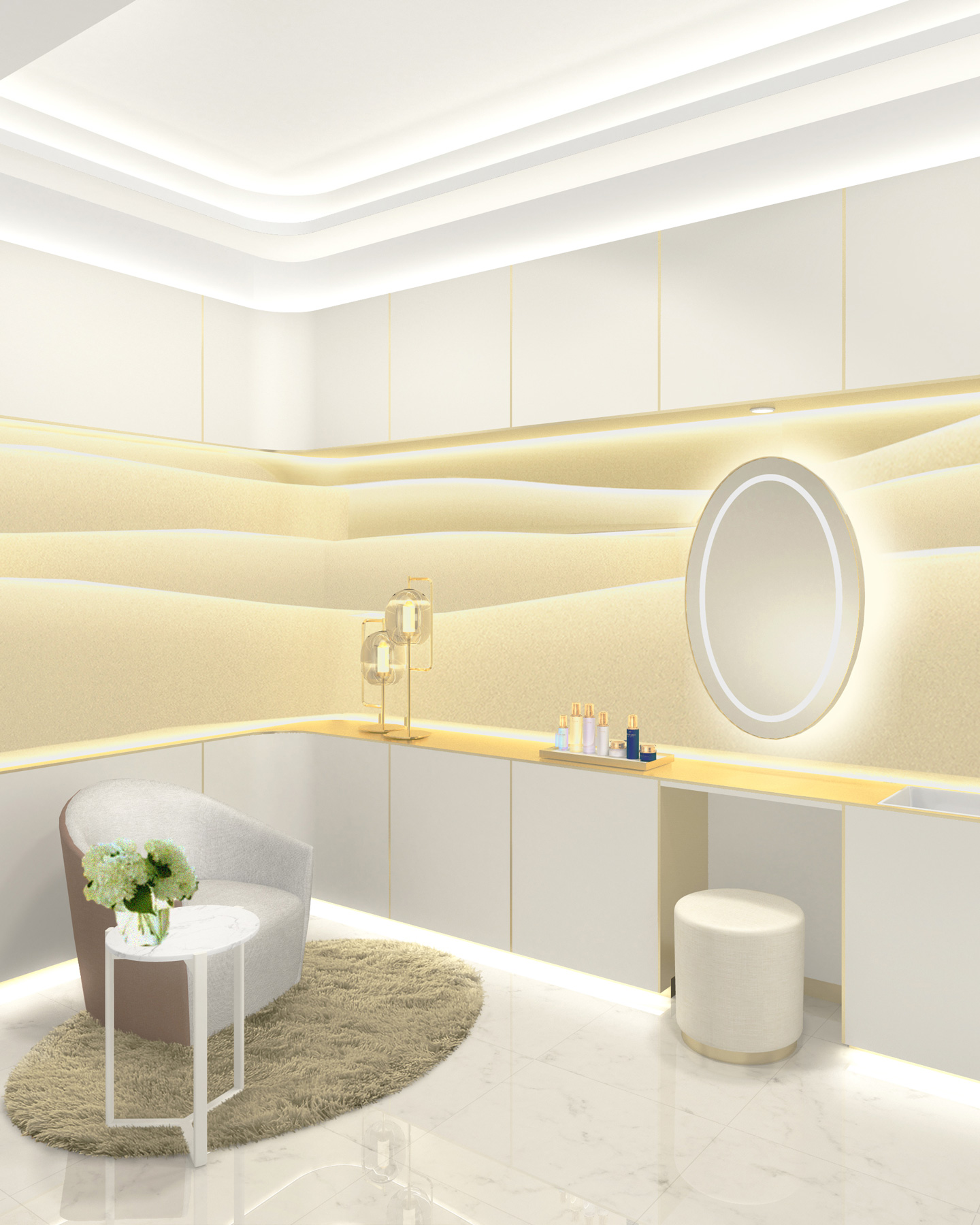 Photo of a beauty counseling room bathed in soft light, featuring a curved armchair, round table, counter with skincare products, and a backlit circular mirror. The overall color scheme is cream and gold.
