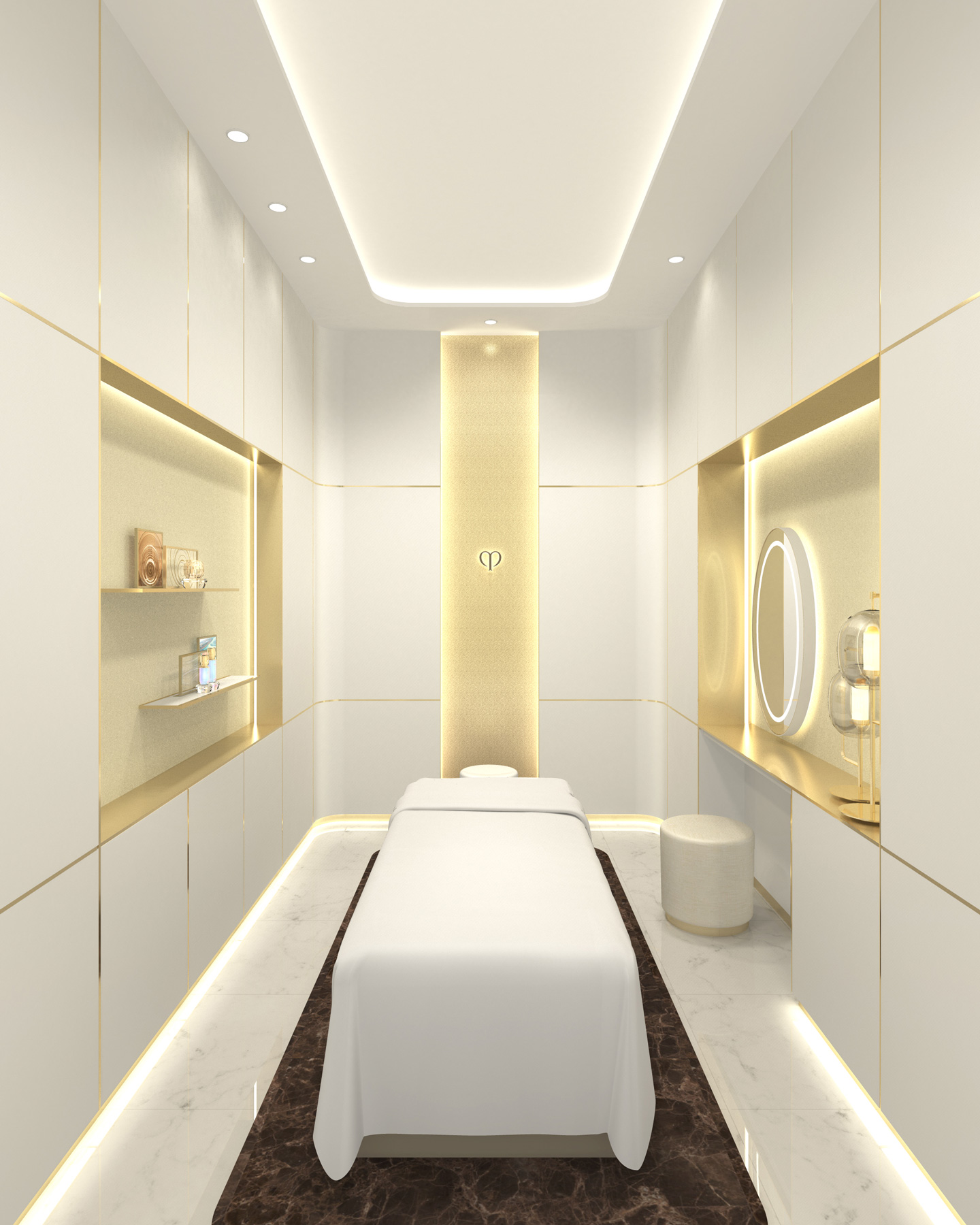 Photo of an aesthetic treatment room with a bed placed at the center, softly lit and decorated in a calm palette of white and gold.