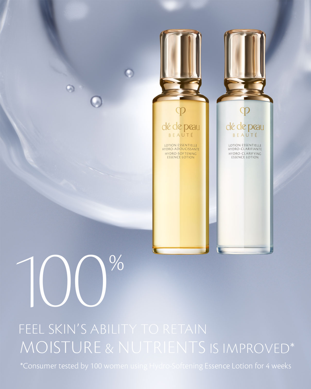 Photo of product shots of HYDRO-SOFTENING ESSENCE LOTION and HYDRO-CLARIFYING ESSENCE LOTION.