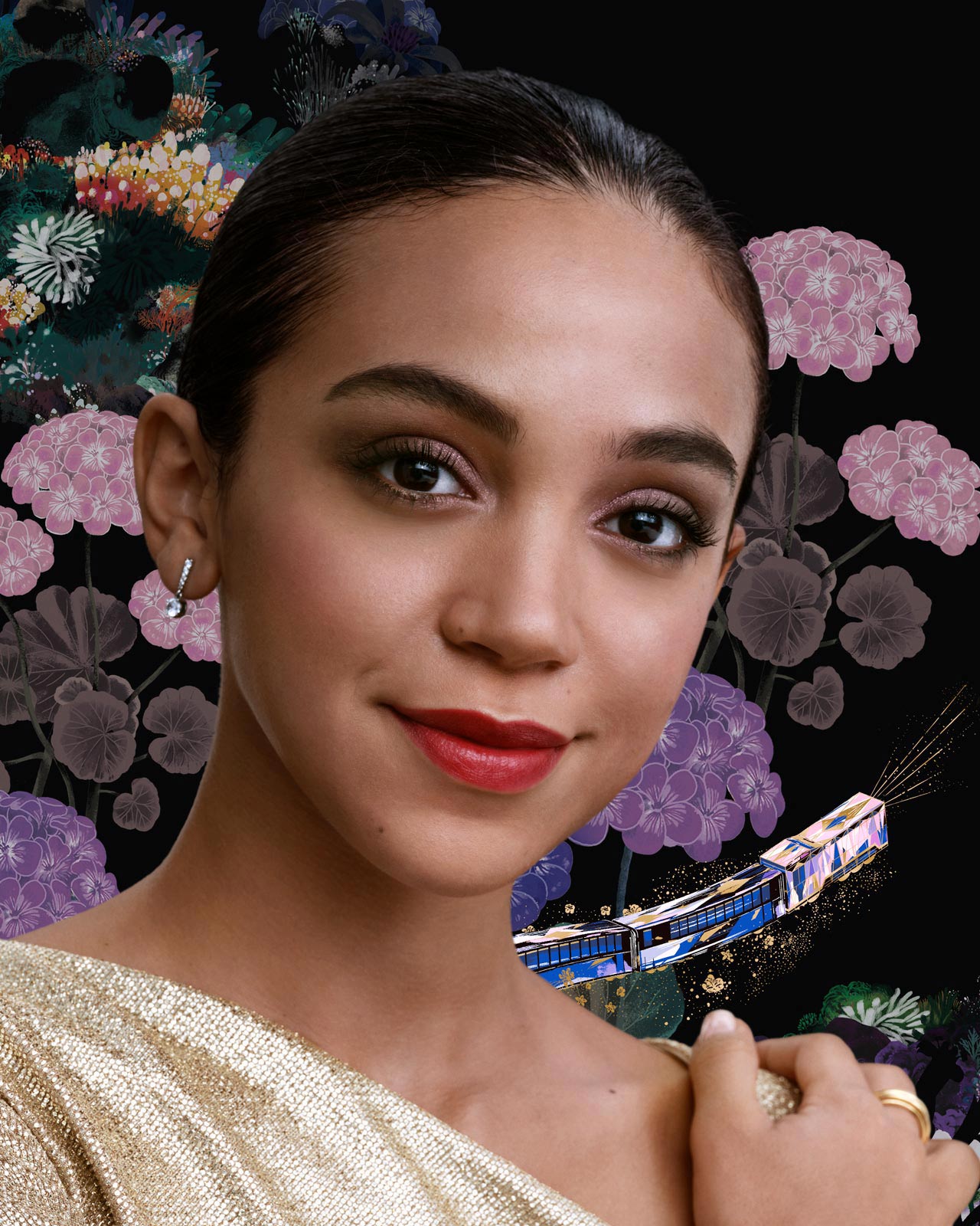 Photo of a model wearing a champagne gold top, with brown-toned eye makeup and red lipstick. Floral patterns and a train illustration appear in the background.