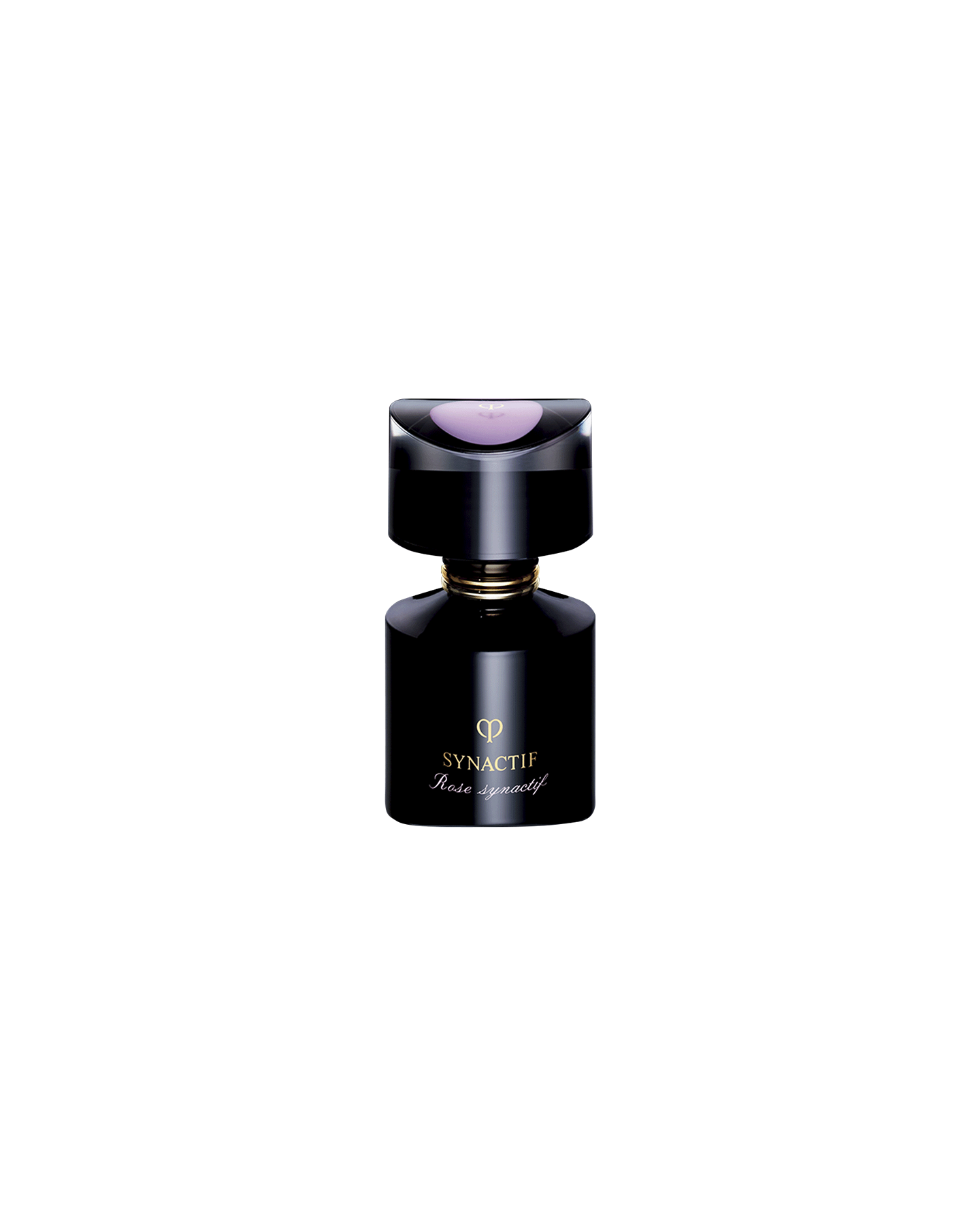 Photo of the Clé de Peau Beauté SYNACTIF EAU DE PARFUM, ROSE SYNACTIF. The fragrance is housed in a lustrous, jet-black bottle featuring the 'SYNACTIF' logo. The top of the cap is adorned with the brand logo, revealing a lavender color. SIZE : 75g