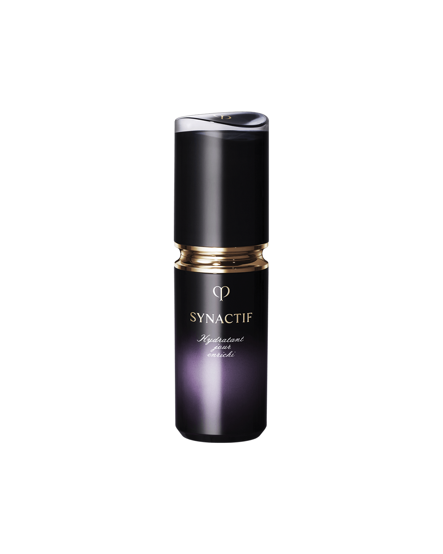 Photo of  SYNACTIF DAYTIME MOISTURIZER ENRICHED bottle with a glossy gold ring and central gold brand logo, in an elegantly finished container.