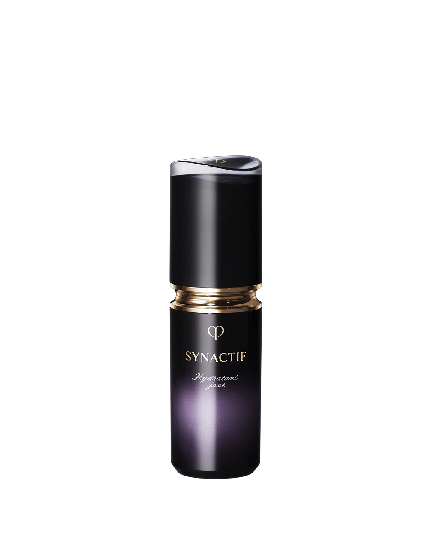 Photo of the Clé de Peau Beauté SYNACTIF DAYTIME MOISTURIZER. It is presented in a compact cylindrical bottle with a black-to-purple gradient. There is a gold accent between the cap and the body, and the 'SYNACTIF' logo is elegantly displayed on the front. SIZE : 20g