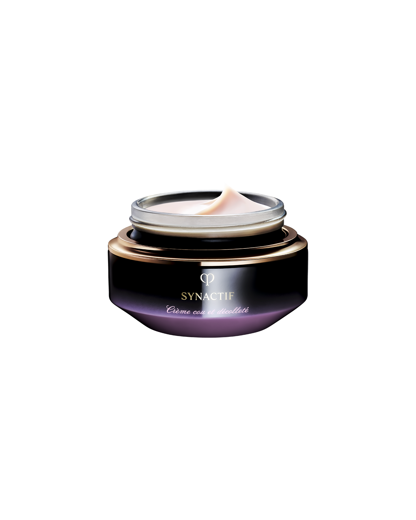 Photo of SYNCACTIF NECK & DÉCOLLETÉ CREAM in a jar featuring black and gold with a purple gradient, filled with a soft and smooth cream.