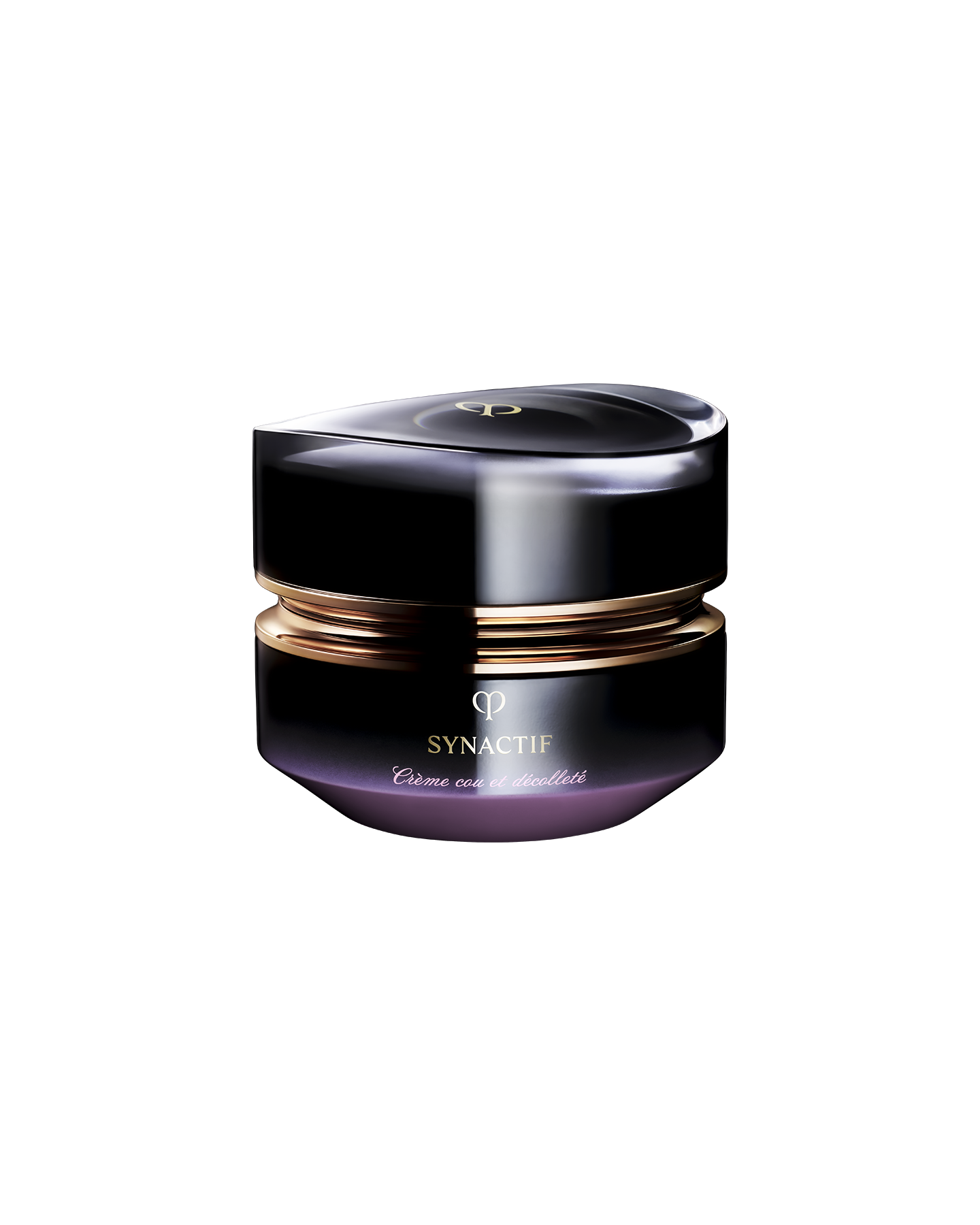 Photo of the Clé de Peau Beauté Synactif NECK & DÉCOLLETÉ CREAM. The cream is presented in a jar with a black-to-purple gradient. The lid features a sculptural gold design, and the 'SYNACTIF' logo is elegantly displayed on the front. SIZE : 75g